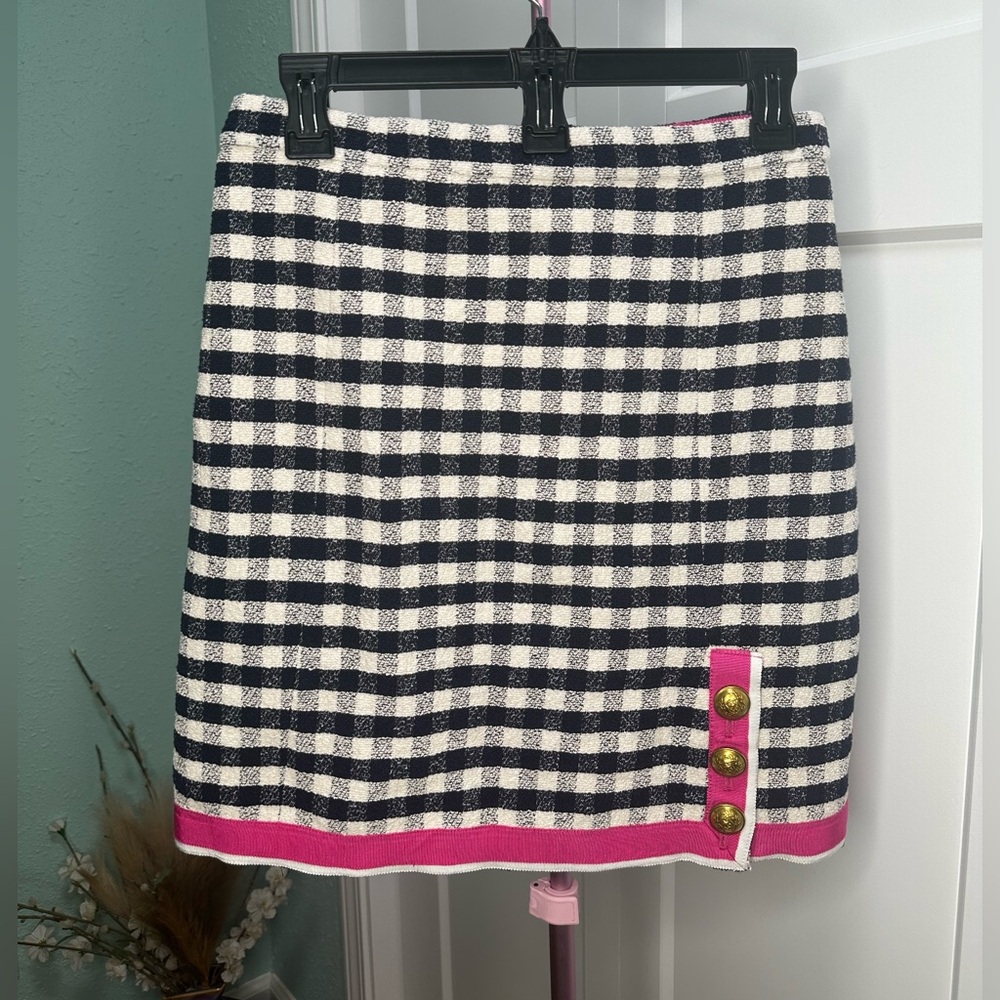 J Crew Grosgrain-Trim Mini Skirt Gingham Tweed sz 4 pink/blue/cream gold button
